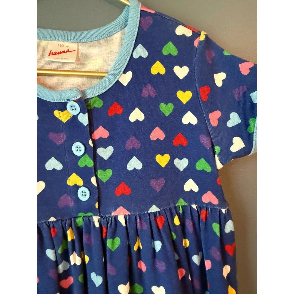 Hanna Andersson Girls Blue Multi Color Heart Print Cotton Rib Knit Dress‎ 110cm